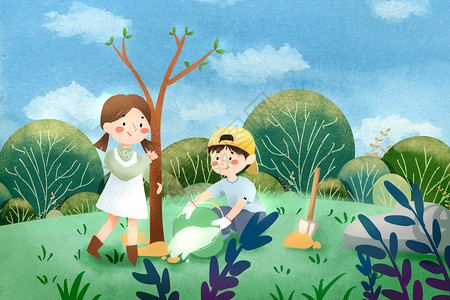 植树节种树的两个孩子背景图片