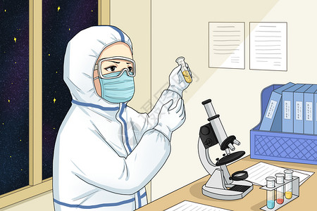 科学家显微镜穿防护服做研究的医生插画
