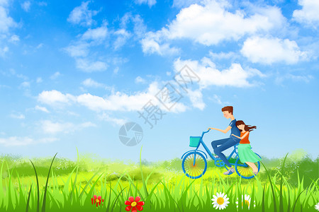 骑车春游男孩春天骑车郊游的情侣插画
