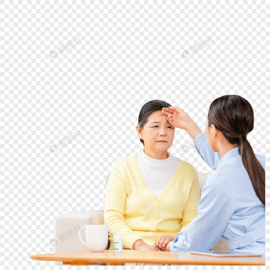 护工抚摸奶奶的额头看是否发烧图片