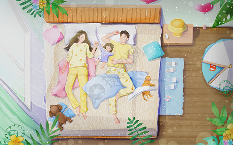 情侣在床上打闹春夏居家用品床品睡衣新风尚插画