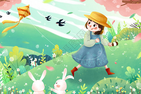 清新春季放风筝女孩踏春插画高清图片