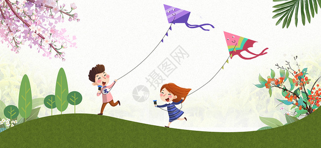 男孩女孩放风筝春天背景设计图片