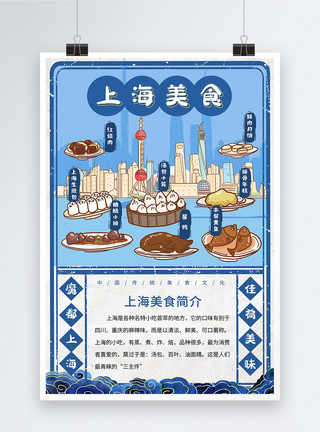 东方明珠手绘中国城市美食系列海报之上海模板