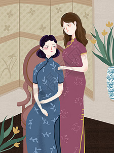 穿旗袍的泰国美女妇女节复古传统女性穿旗袍插画