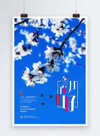 蓝天花朵蓝色三月你好宣传海报模板