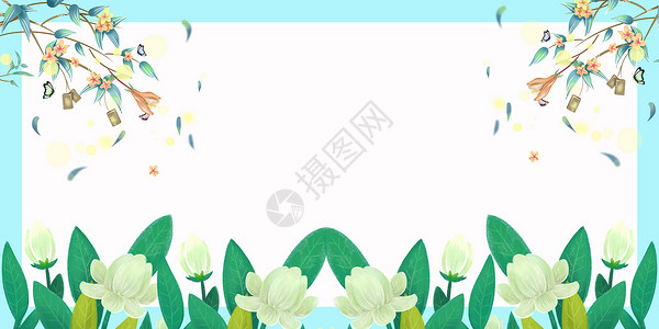 蓝色叶子边框春天背景设计图片