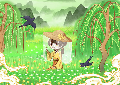 制茶工序花丛中的少女插画