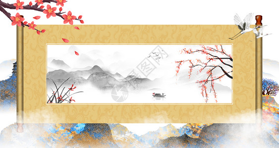 日式樱花卷轴中国风卷轴设计图片