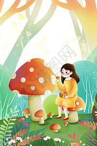 春天在森林摘蘑菇的女孩背景图片