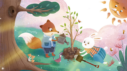 弥散风惊蛰背景312植树节童话风兔子狐狸种树插画