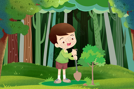 小男孩种树植树节在树林种树的男孩插画