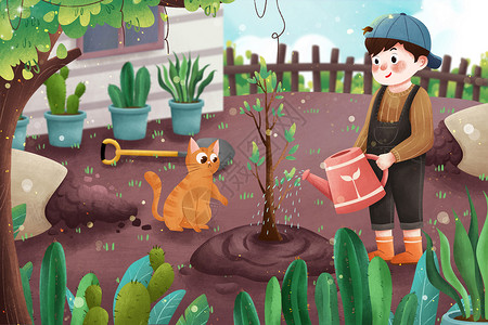 水与人物素材植树节种树男孩与猫插画插画