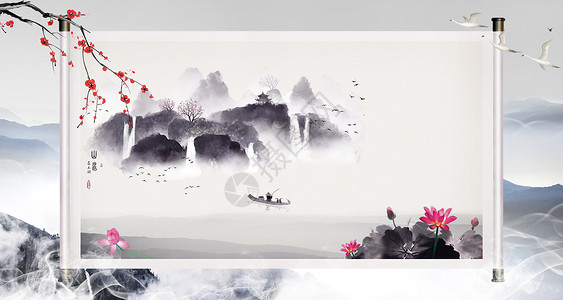 墙上风景中国风卷轴设计图片