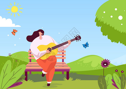 长凳在公园春季女孩在公园弹吉他插画