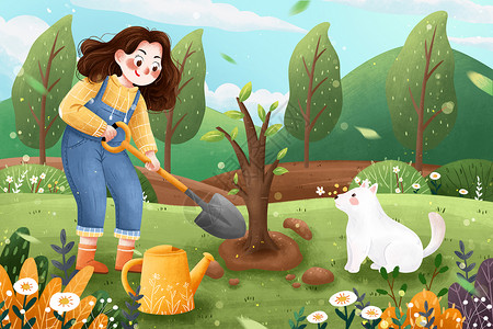 3月12植树节种树女孩与狗插画插画