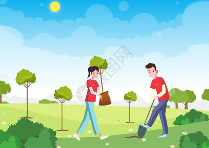 志愿者在行动春季植树节志愿者在郊外种树插画