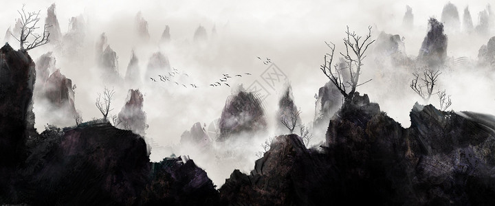 手绘中国风意境水墨山水画背景图片