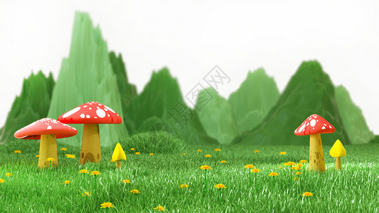 两个红色蘑菇3D清新春天场景设计图片