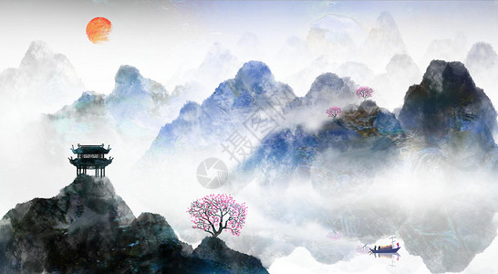 手绘中国风山水画背景图片