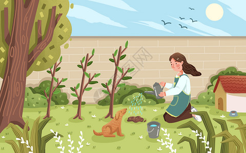 水桶和墩布女孩植树节花园种树插画