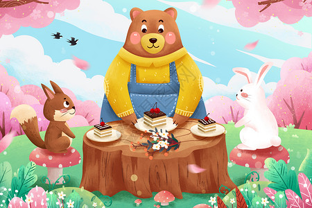 清新春季森林里动物插画背景图片