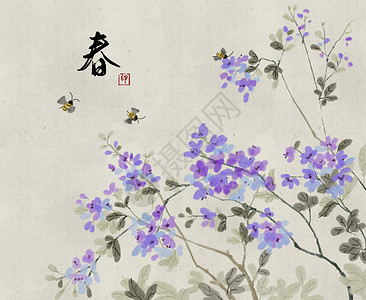 紫色罗兰花花卉春天水墨风蜜蜂采蜜插画