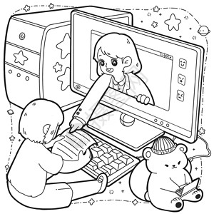 儿童学习电脑简笔画计算机填色插画线稿插画