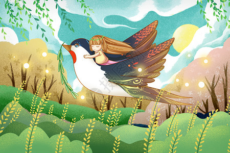 骑着燕子翱翔春天的女孩背景图片
