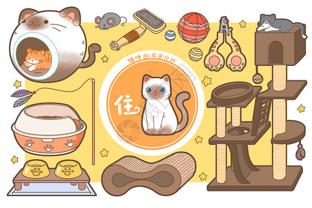 幼儿用品简笔画猫咪的衣食住行插画