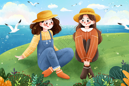 清新春季踏青女孩海边坐草地聊天插画背景图片