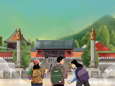 孟姜女庙清明节寺庙风景插画