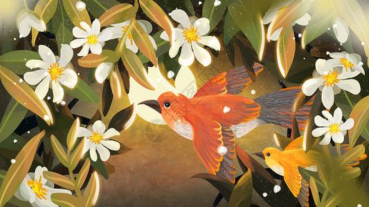 复古风花丛中的飞鸟插画高清图片