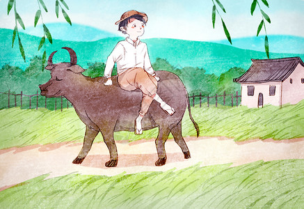 水彩风放牛的小童背景图片
