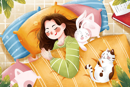 枕头素材睡眠日睡觉女孩与猫咪插画插画