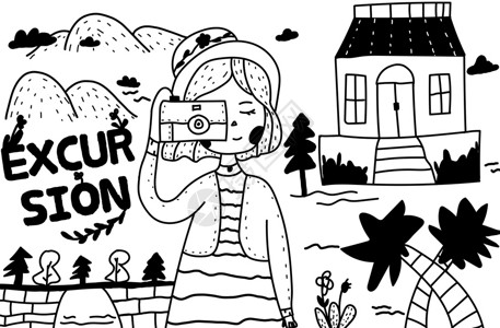 黑白相机素材简笔画郊游的女孩插画