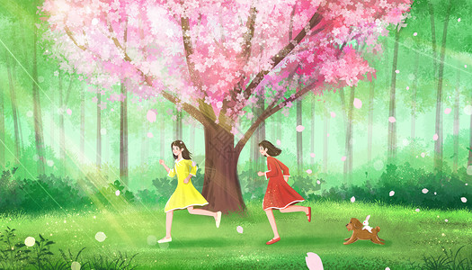 户外工作春天清明踏青奔跑的女孩插画