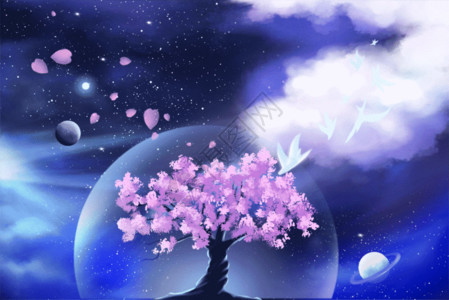 惊魂之夜樱花飘落梦幻夜境之永生树世界睡眠日GIF高清图片