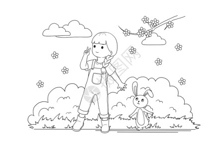 接机卡通画草地上的小女孩和兔子插画