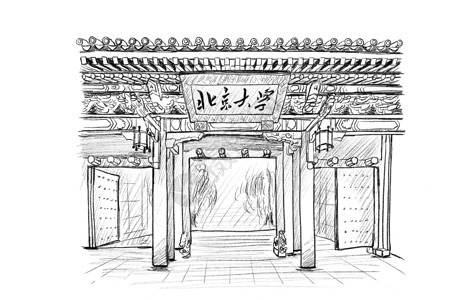 神社门北京大学速写插画