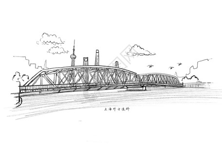 上海长江隧桥上海外白渡桥风景速写插画