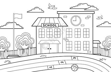 黑白篮球素材学校校园场景简笔画插画