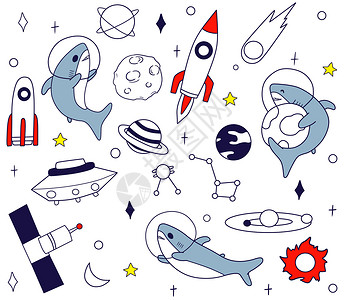 少儿图标鲨鱼宇宙手账胶带贴纸装饰插画