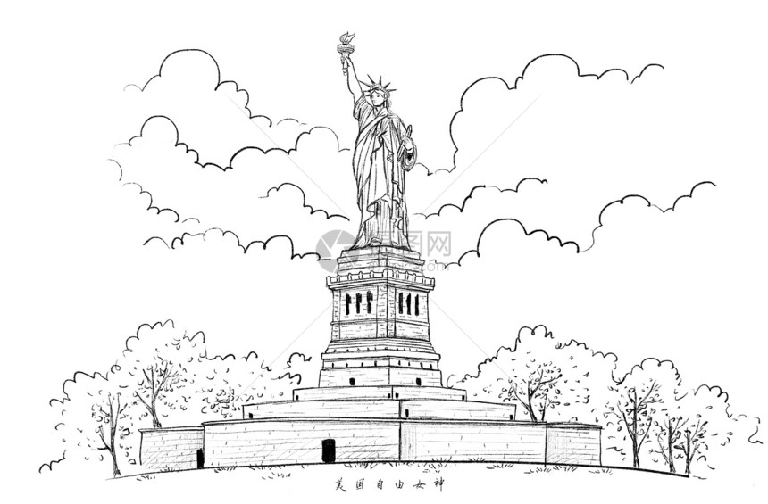 美国自由女神像风景速写图片