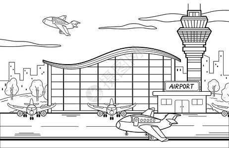 航空机场飞机场场景简笔画插画