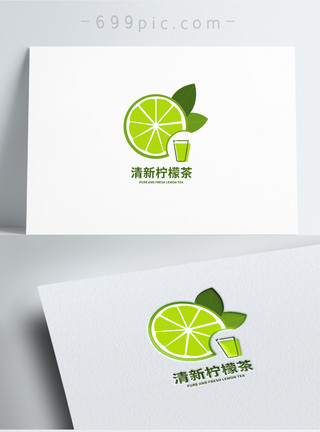 绿色线条图案绿色清新柠檬果茶店logo设计模板