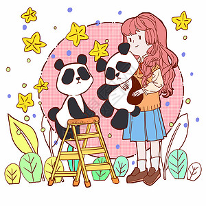 抱熊猫的小女孩简笔画填色游戏高清图片