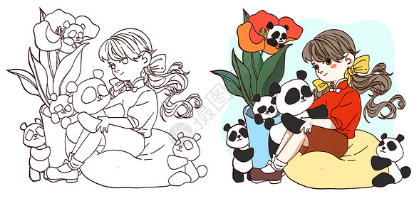 玩具装饰抱熊猫的小女孩简笔画填色游戏插画