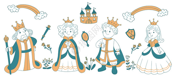 公主和王子卡通简笔画童话人物插画