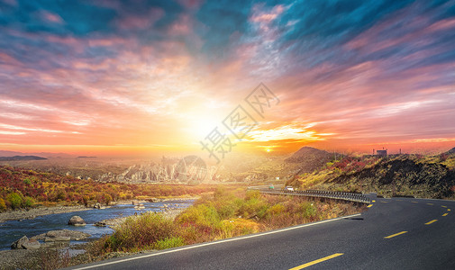 美丽日落河公路背景设计图片